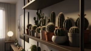 Indoor mini cacti on shelves, perfect for low-light environments.