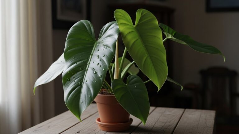 Vibrant green philodendron thriving in low light with water droplets on its leaves