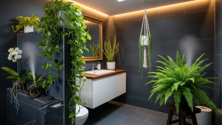 Lush green plants thriving in a chic, windowless bathroom setting.