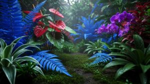 Vibrant low-light plants with blue ferns, red anthuriums, and purple orchids
