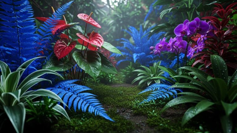 Vibrant low-light plants with blue ferns, red anthuriums, and purple orchids
