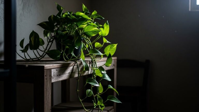 Thriving pothos plant in low light room with green leaves