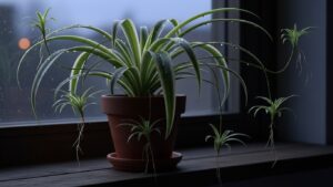 A healthy spider plant in low light with water droplets on leaves.
