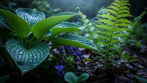 Low-light tolerant plants including hosta, ferns, and violets in a shaded garden