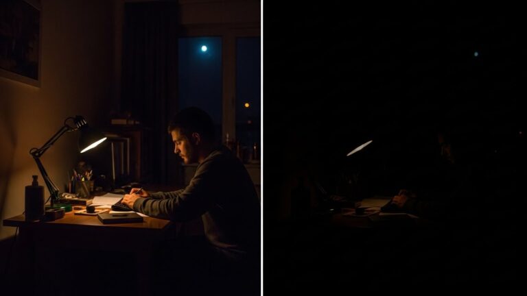 Comparison of low-light and no-light conditions in a study room.