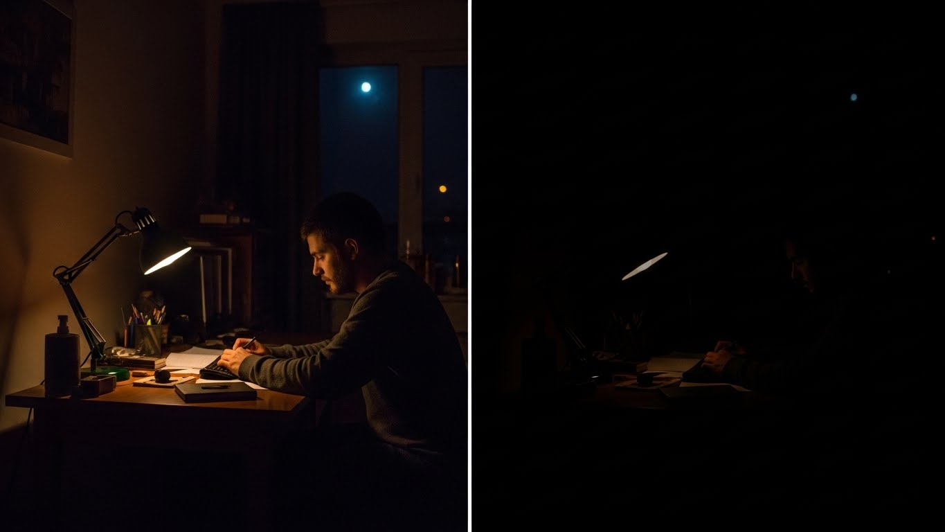 Comparison of low-light and no-light conditions in a study room.