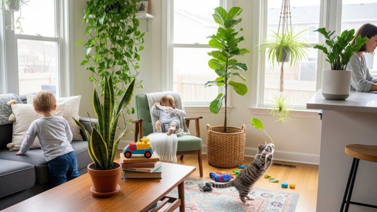 Indoor space with low-maintenance plants, children, and a cat playing