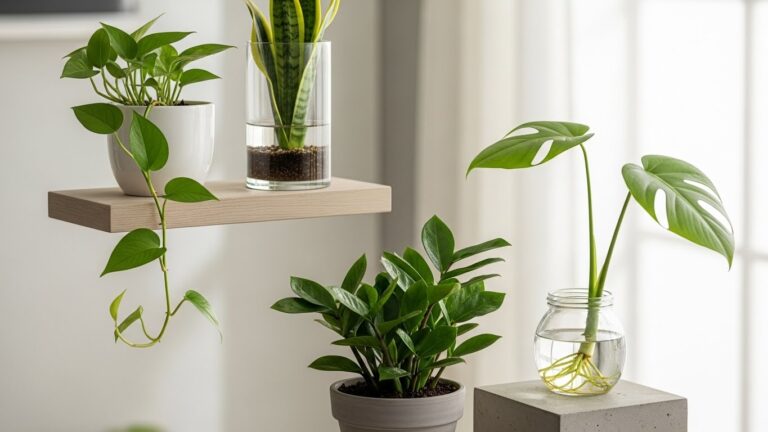 Low-maintenance indoor plants on shelves with sunlight.