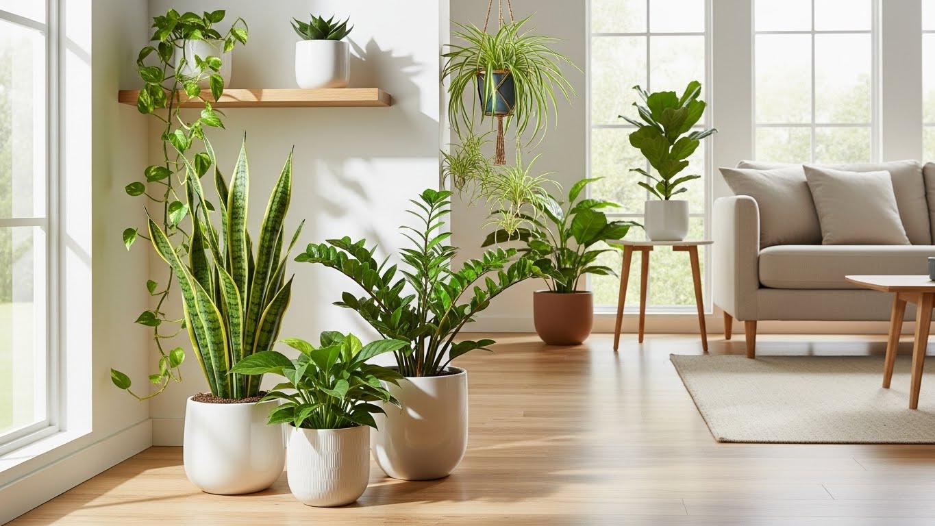 Low-maintenance indoor plants thriving in a bright, modern living room.