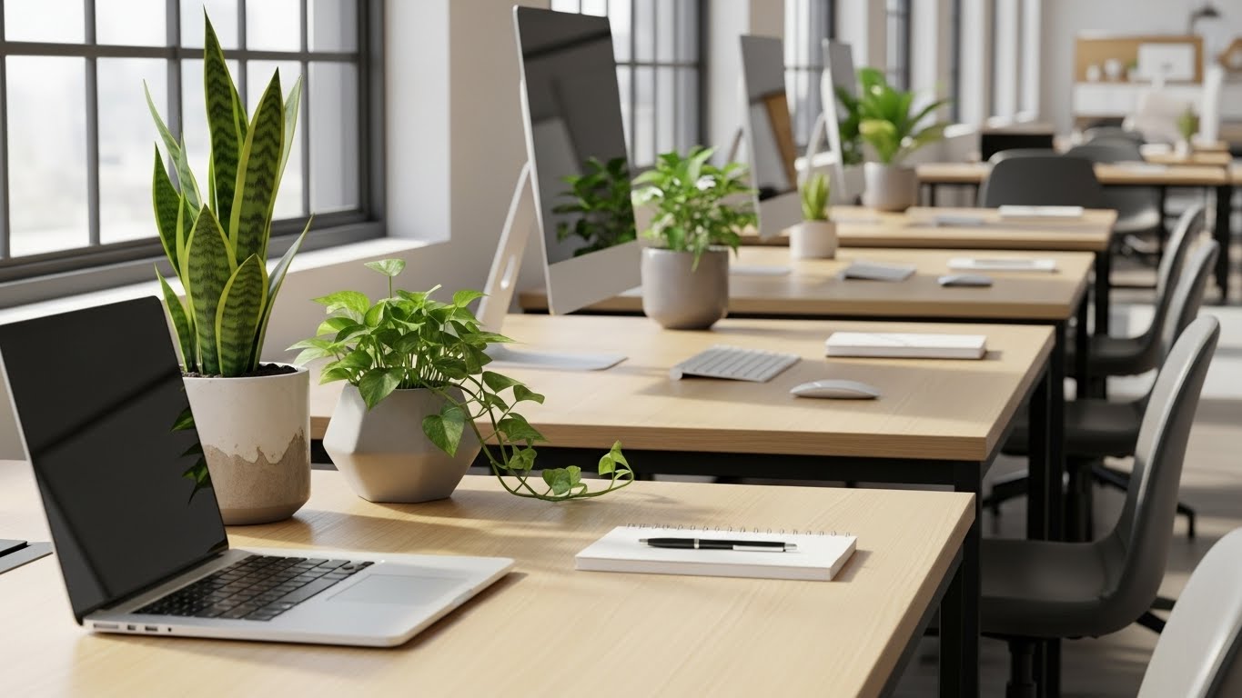 Low-maintenance office plants on work desks with computers