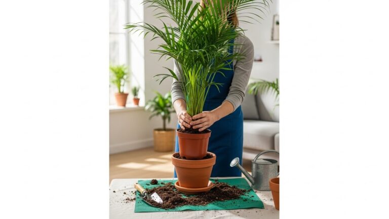 Person potting an Areca palm indoors with gardening tools