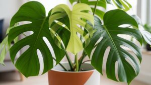 Close-up of a lush Monstera deliciosa with striking leaf patterns.