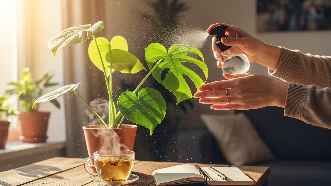 Beginners caring for houseplants, spraying Monstera leaves with water