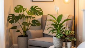 Cozy nook with Monstera, Peace Lily, and Calathea indoor plants