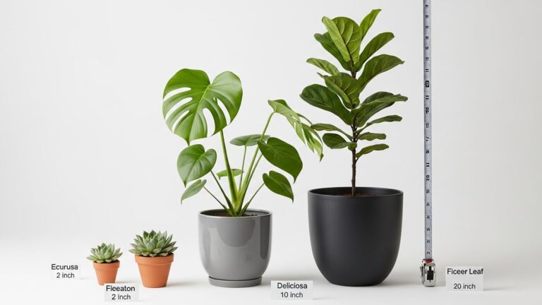 Various plant sizes in matching pots with labels, showcasing beginner guide to pot sizing