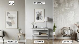 Minimalist, Bohemian, and Japandi interiors with matching planters and decor elements.
