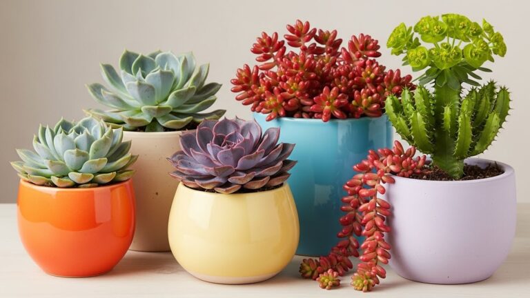 Colorful succulent plants in stylish planters of various sizes and shapes