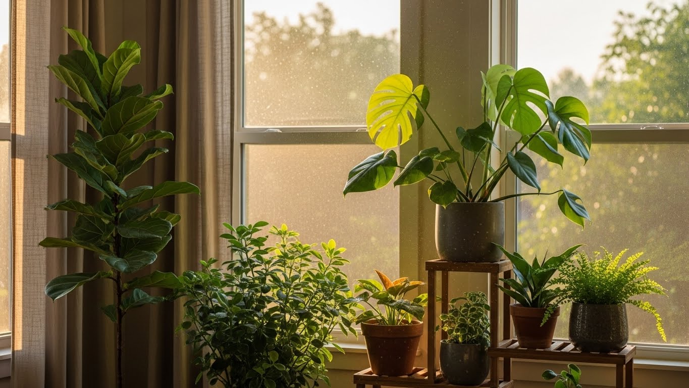 Medium light indoor plants near bright window in sunlit room
