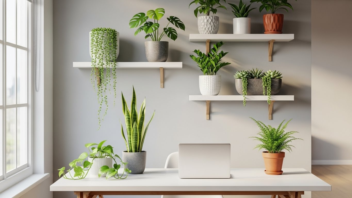 Medium light room with colorful houseplants on shelves and a table