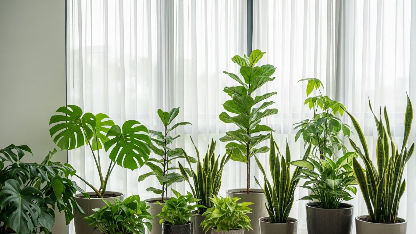 Indoor medium light plants arranged on a shelf near a window