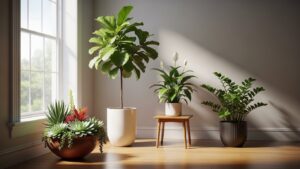 Medium light houseplants including fiddle leaf fig and peace lily near a window