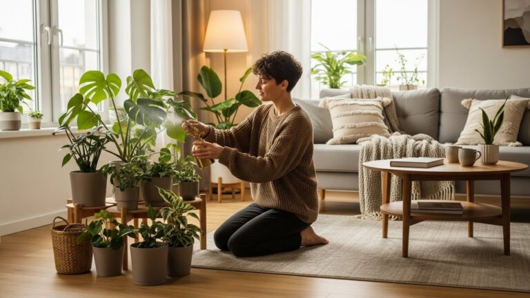 Millennial woman caring for indoor plants in stylish living room, showcasing plant parenthood trend.