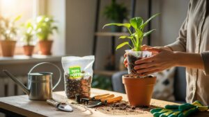Person mindfully repotting a plant indoors with gardening tools