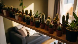 Mini cacti in pots on a shelf in a cozy living room, safe for pets and kids.