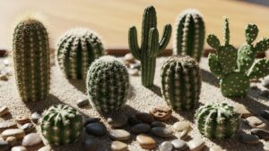 Colorful mini cacti collection on sandy surface with pebbles.