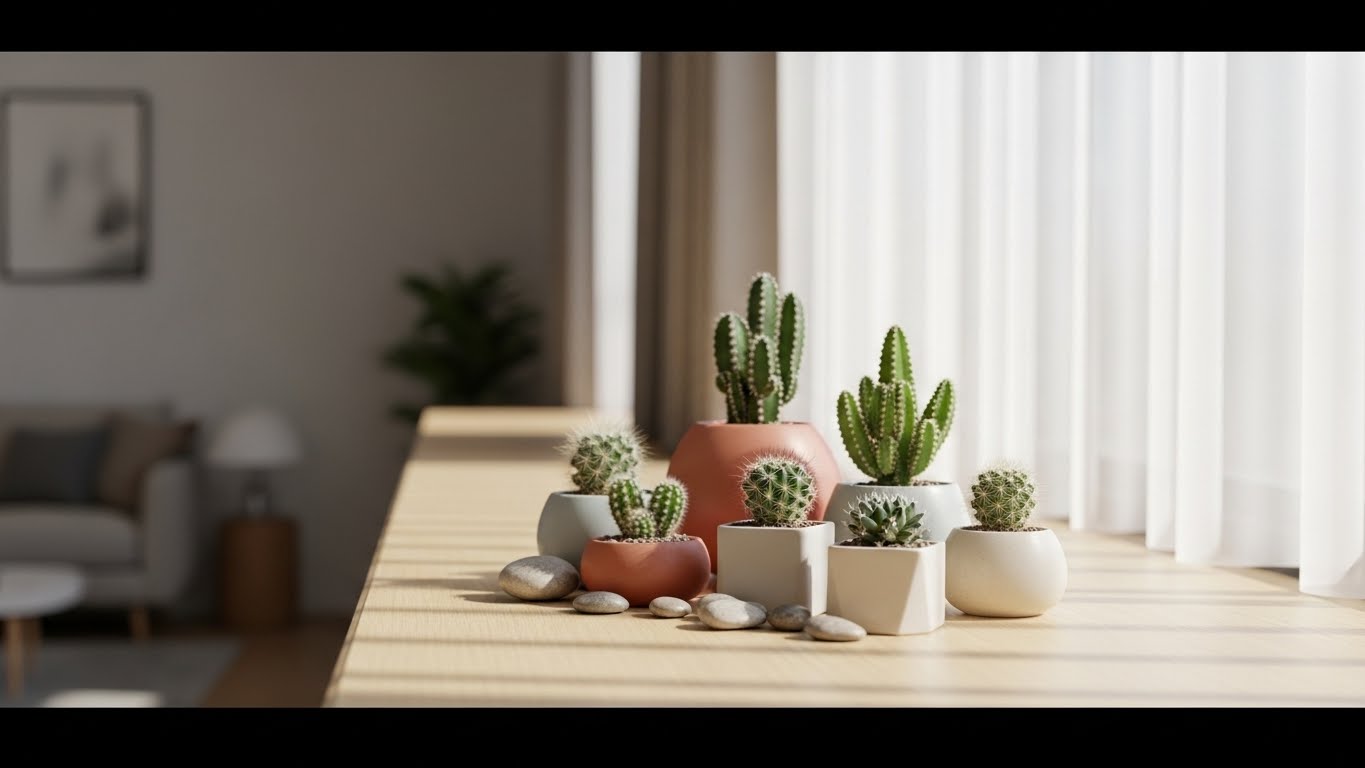 Mini cacti in various pots on a wooden surface with natural light.