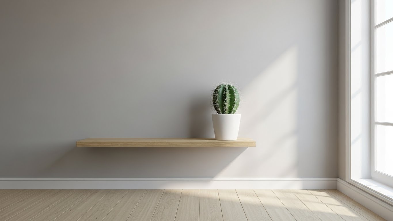 Stylish mini cactus on a wooden shelf in a minimalist home interior.