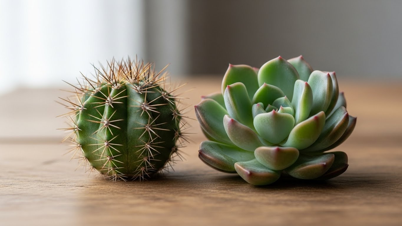 Mini cactus and succulent side by side on a wooden surface.