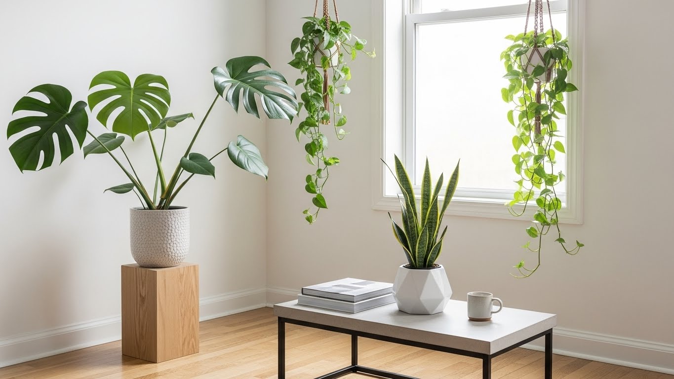 Minimalist room with Monstera, Snake Plant, and Pothos hanging plants