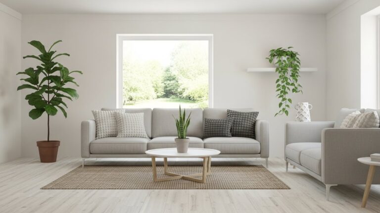 Stylish minimalist living room with low-maintenance plants and modern furniture