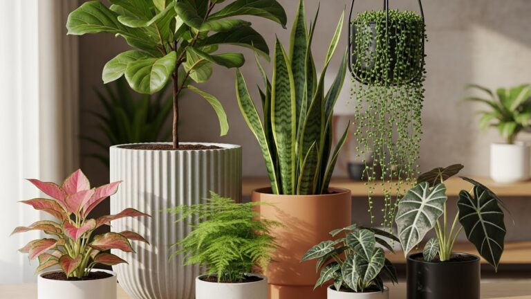 Trendy indoor plants in mixed modern planters.