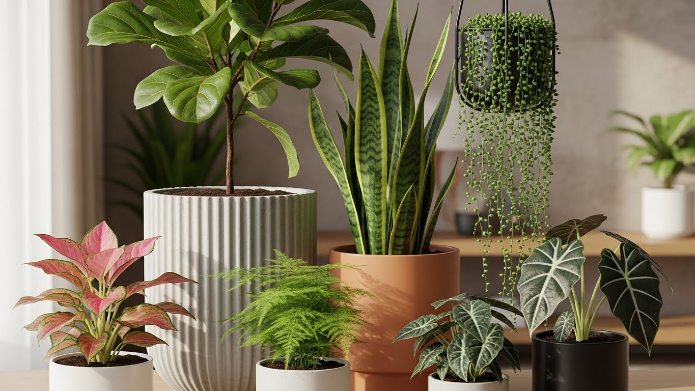 Trendy indoor plants in mixed modern planters.