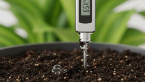 Digital moisture meter inserted in soil with water droplets, measuring humidity level
