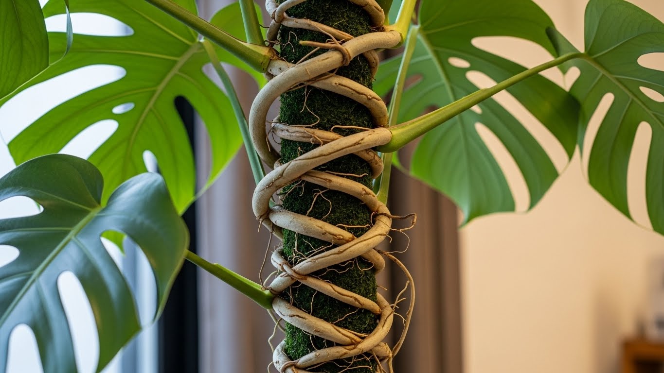 Close-up of Monstera plant with aerial roots wrapped around a moss pole
