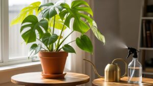 Monstera plant care with watering can and spray bottle