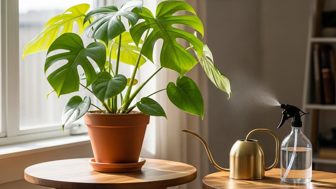 Monstera plant care with watering can and spray bottle