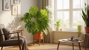 Monstera plant in stylish small apartment living room with natural light