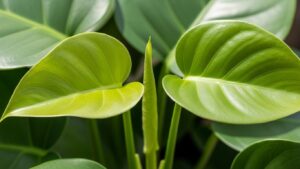 Close-up of unsplit monstera leaves with vibrant green color