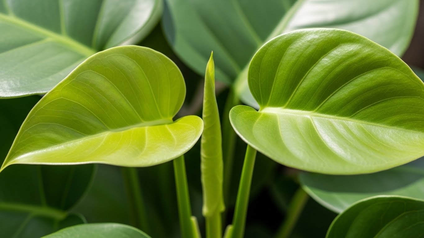 Close-up of unsplit monstera leaves with vibrant green color