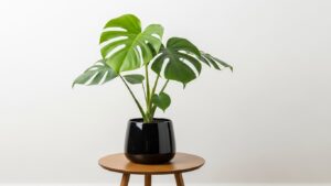 Monstera plant in black pot on wooden table with white background