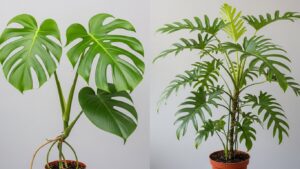 Monstera and Split-Leaf Philodendron plants side by side for comparison