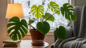 Monstera plant by window in winter with snow outside