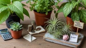 Plant budgeting essentials with potted plants, coins, and calculators.