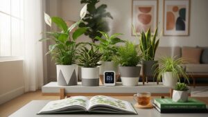 Air-purifying plants in modern decor with air quality monitor and plant care books