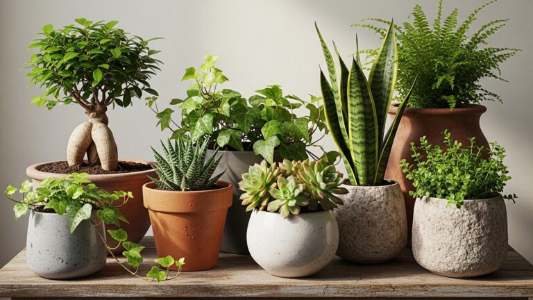 Assortment of indoor plants resilient to neglect on wooden table