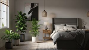 North-facing bedroom with perfect indoor plants and natural light